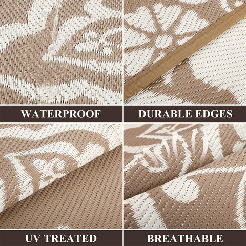 Pauwer UV-coated polypropylene rug; long-lasting color for outdoor spaces.