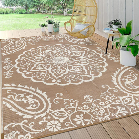 Pauwer waterproof outdoor rug 5x8; durable, reversible for patio use.