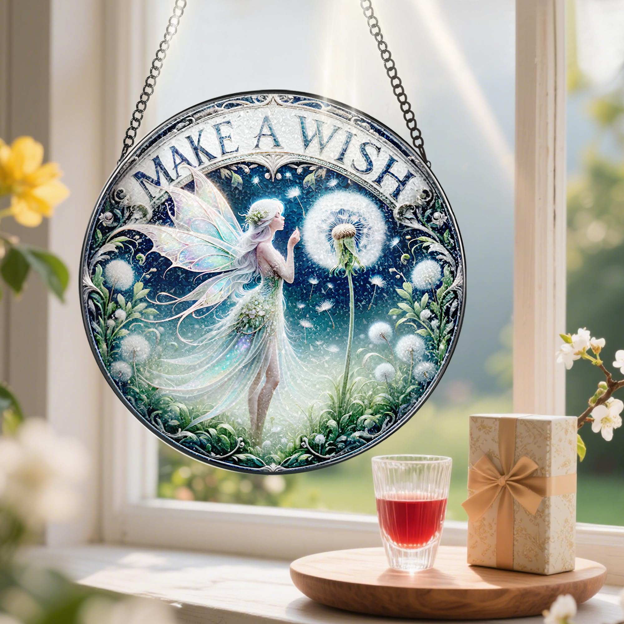 Pauyadu 8-inch stained glass suncatcher close-up reveals pattern.