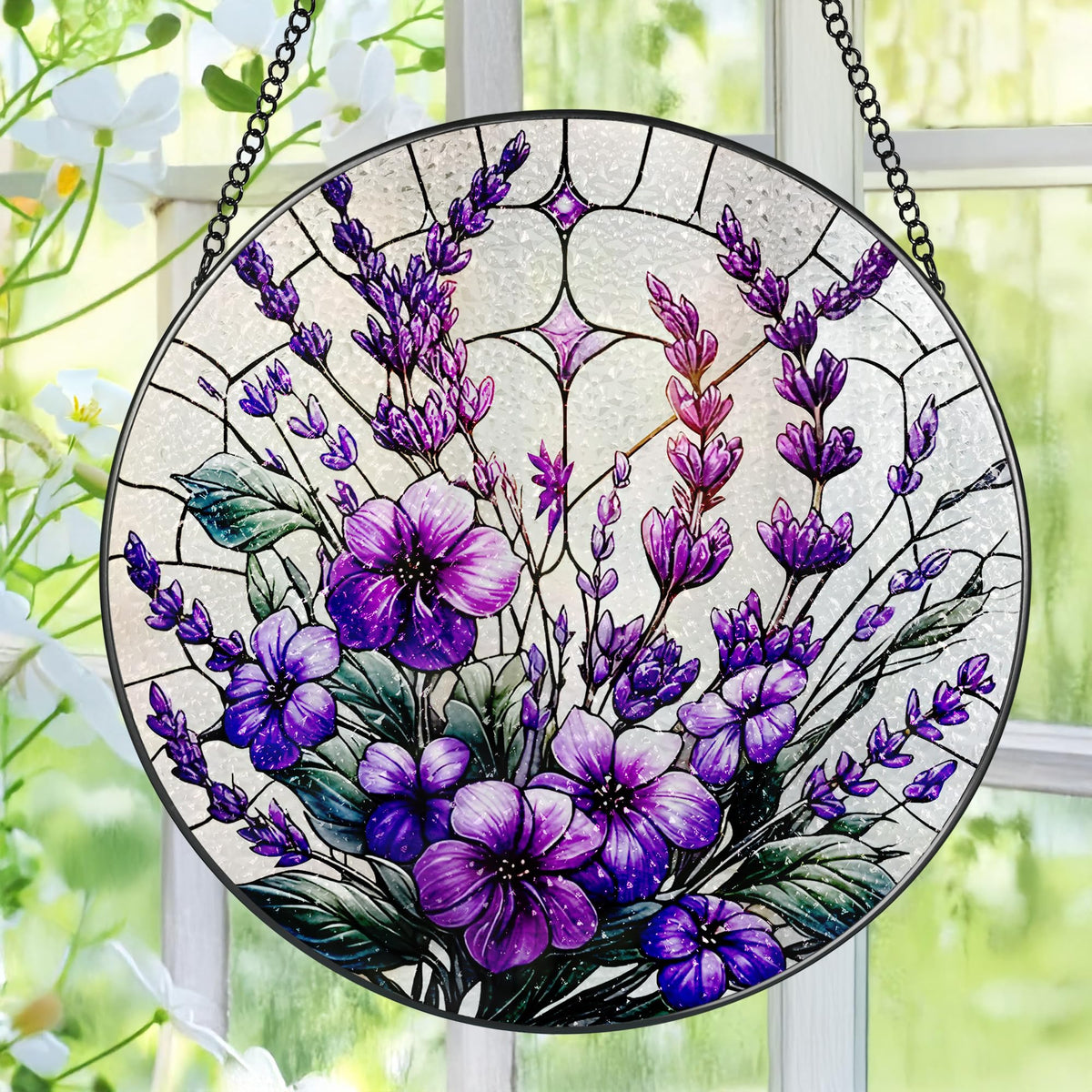 Pauyadu Bauhinia Violets stained glass suncatcher brightens windows with rainbow light