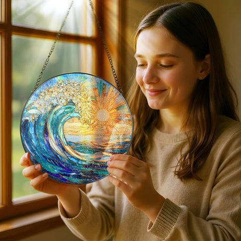 Pauyadu Ocean window hanging suncatcher adds vibrant coastal color to decor.