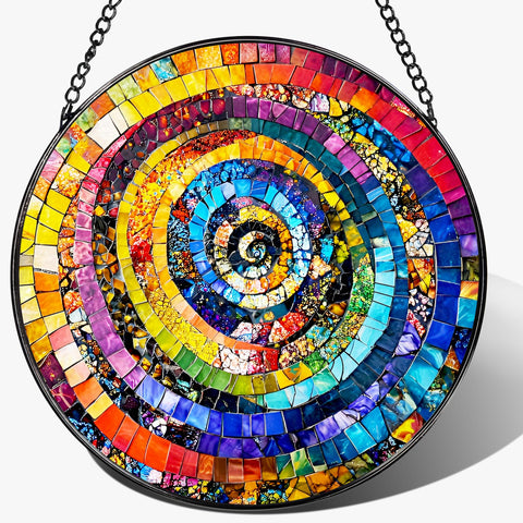 Pauyadu rainbow spiral stained glass suncatcher lighting up windows with colorful reflections.