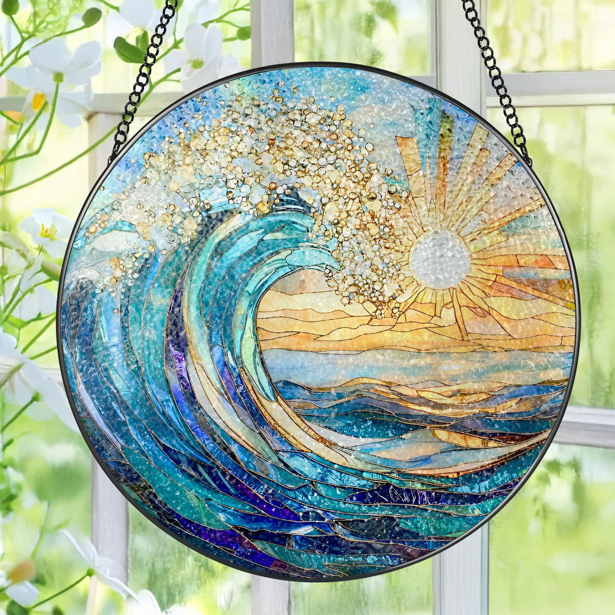 Pauyadu Sea Wave suncatcher casts rainbow light through bright windows.