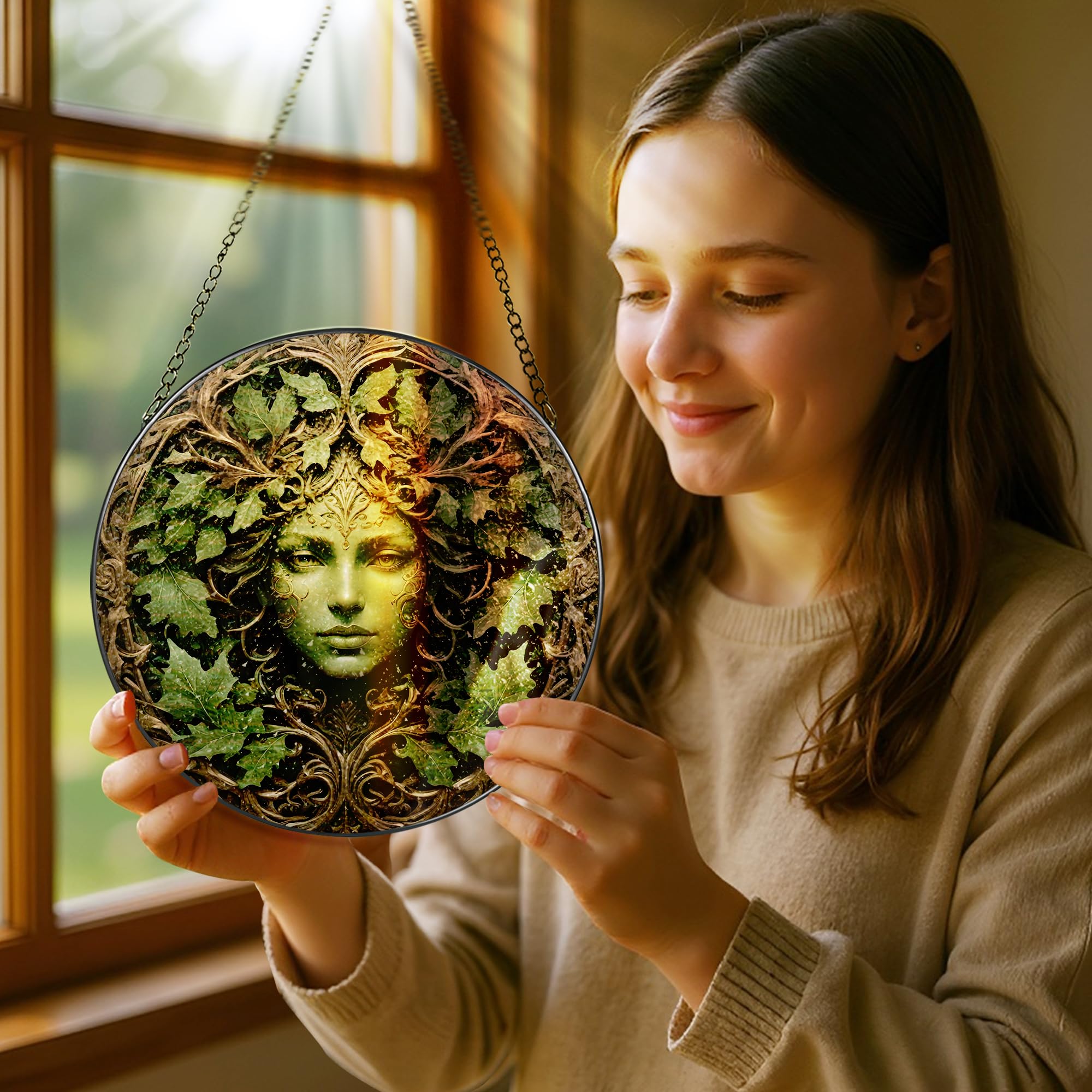 Pauyadu stained glass green man hanging adds color to any window