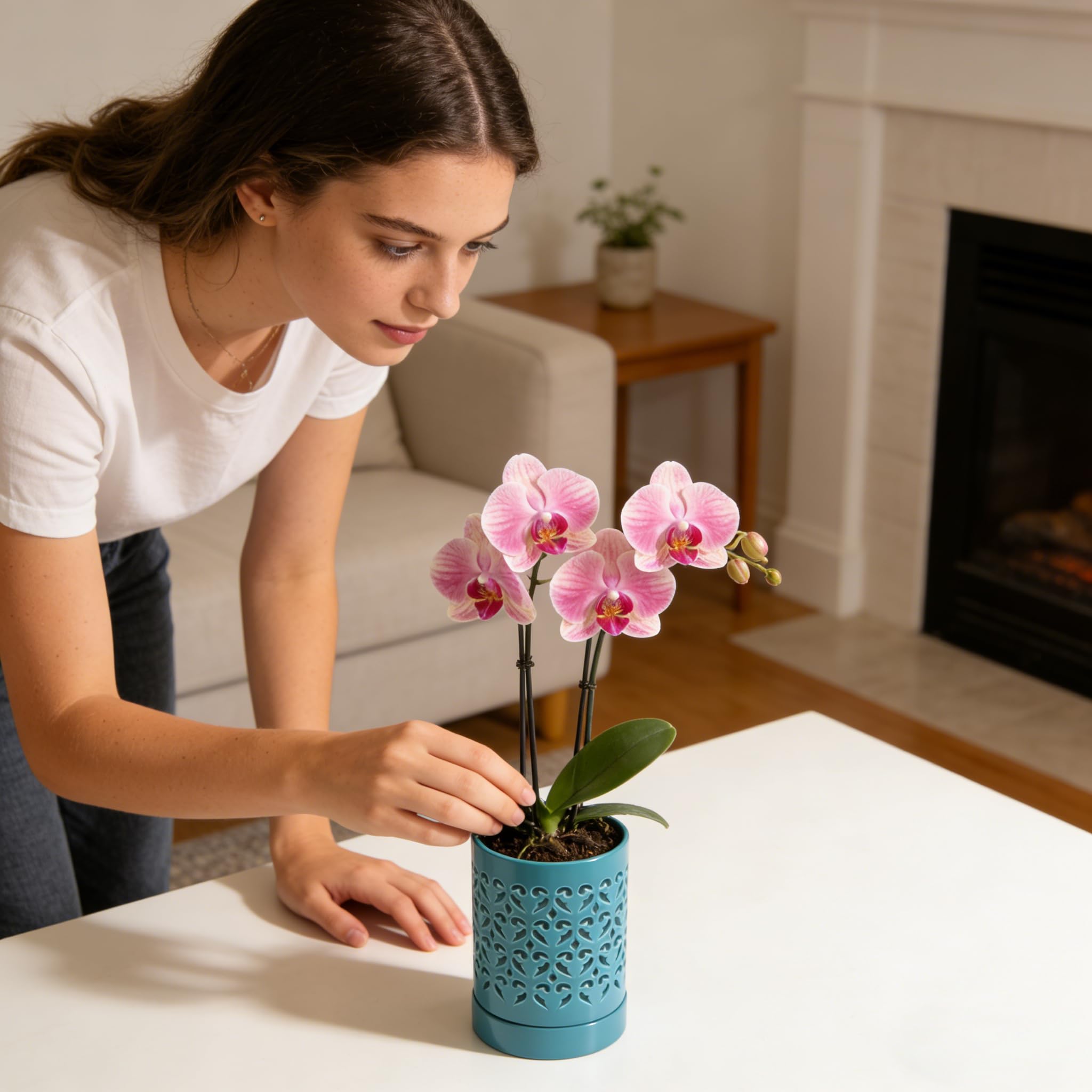 Pavtner hand glazed orchid pot adds a refined finish
