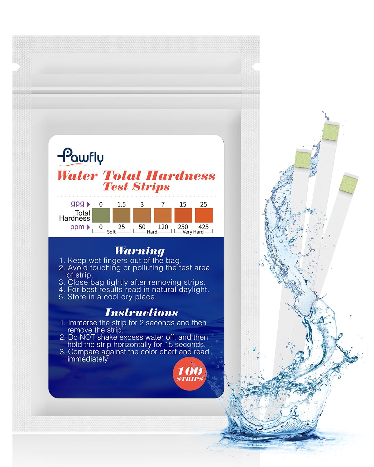 Pawfly hardness test strip used with drinking water for quick hardness reading