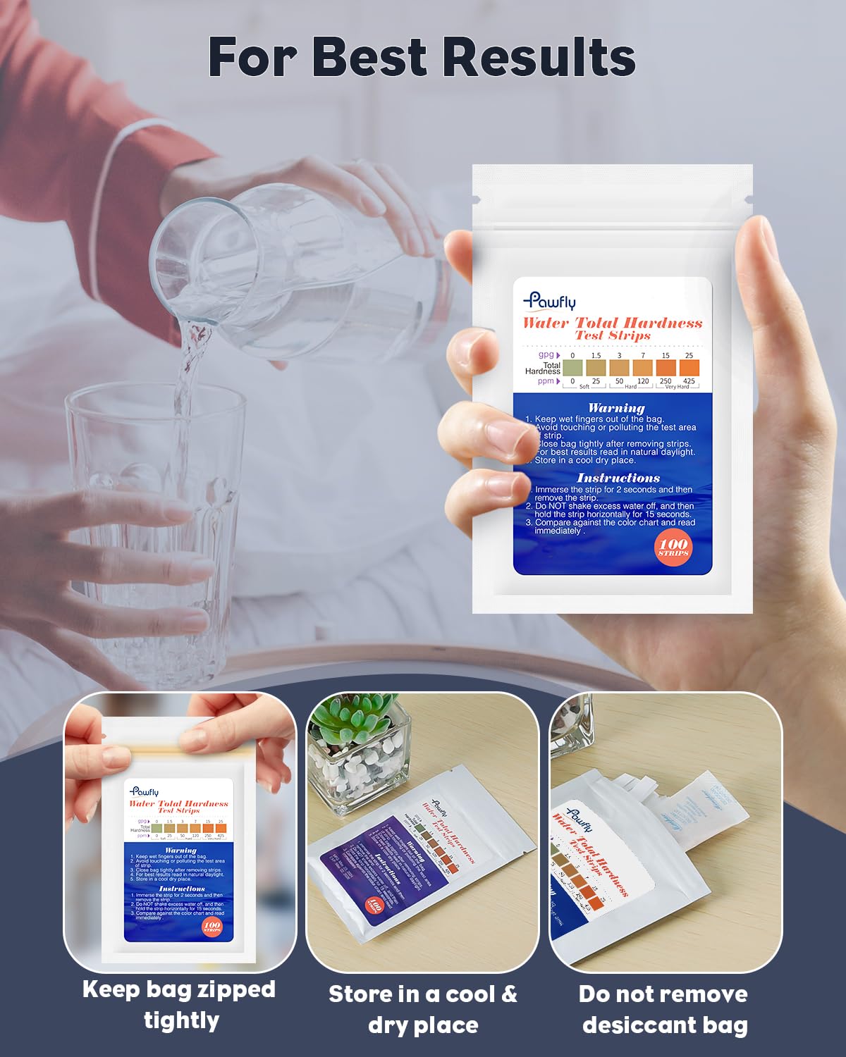 Pawfly hardness test kit packaging highlighting 100 strips for monitoring