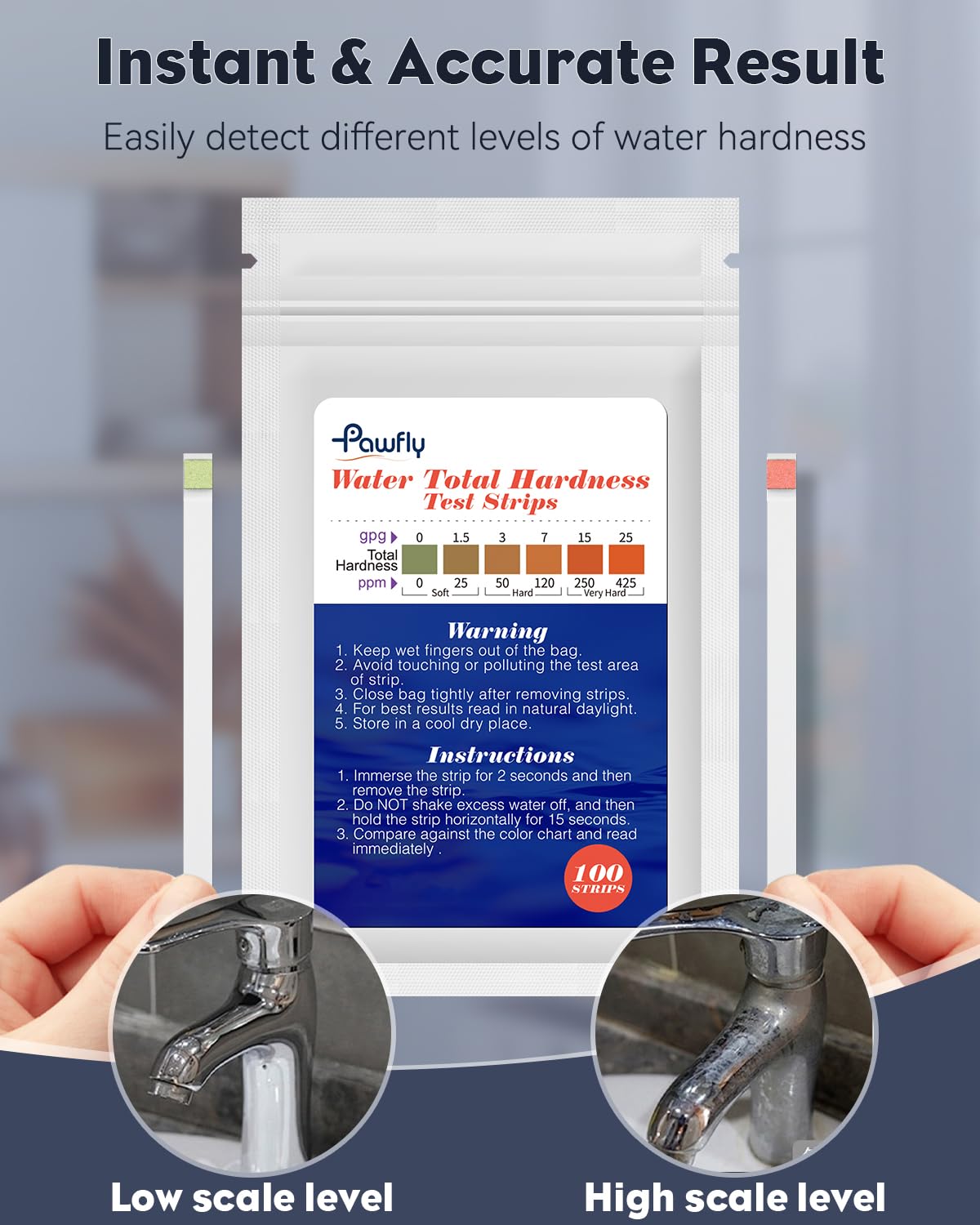 Pawfly strip applied to tap water to monitor hardness regularly