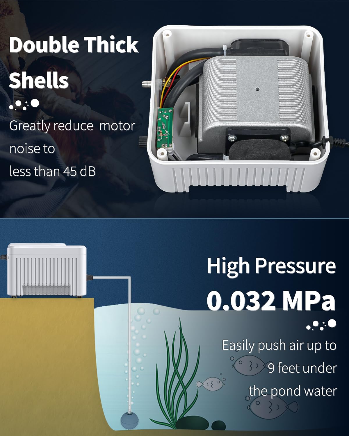 Pawfly pond air pump with overheating protection safeguards aquatic life