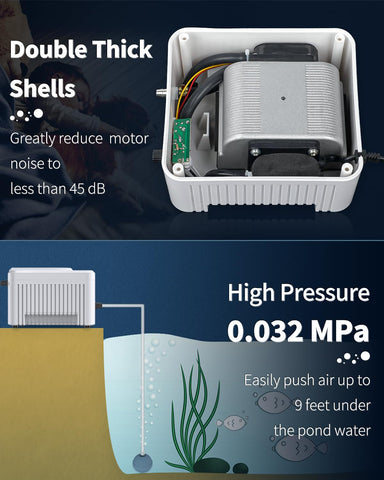 Pawfly pond air pump with overheating protection safeguards aquatic life