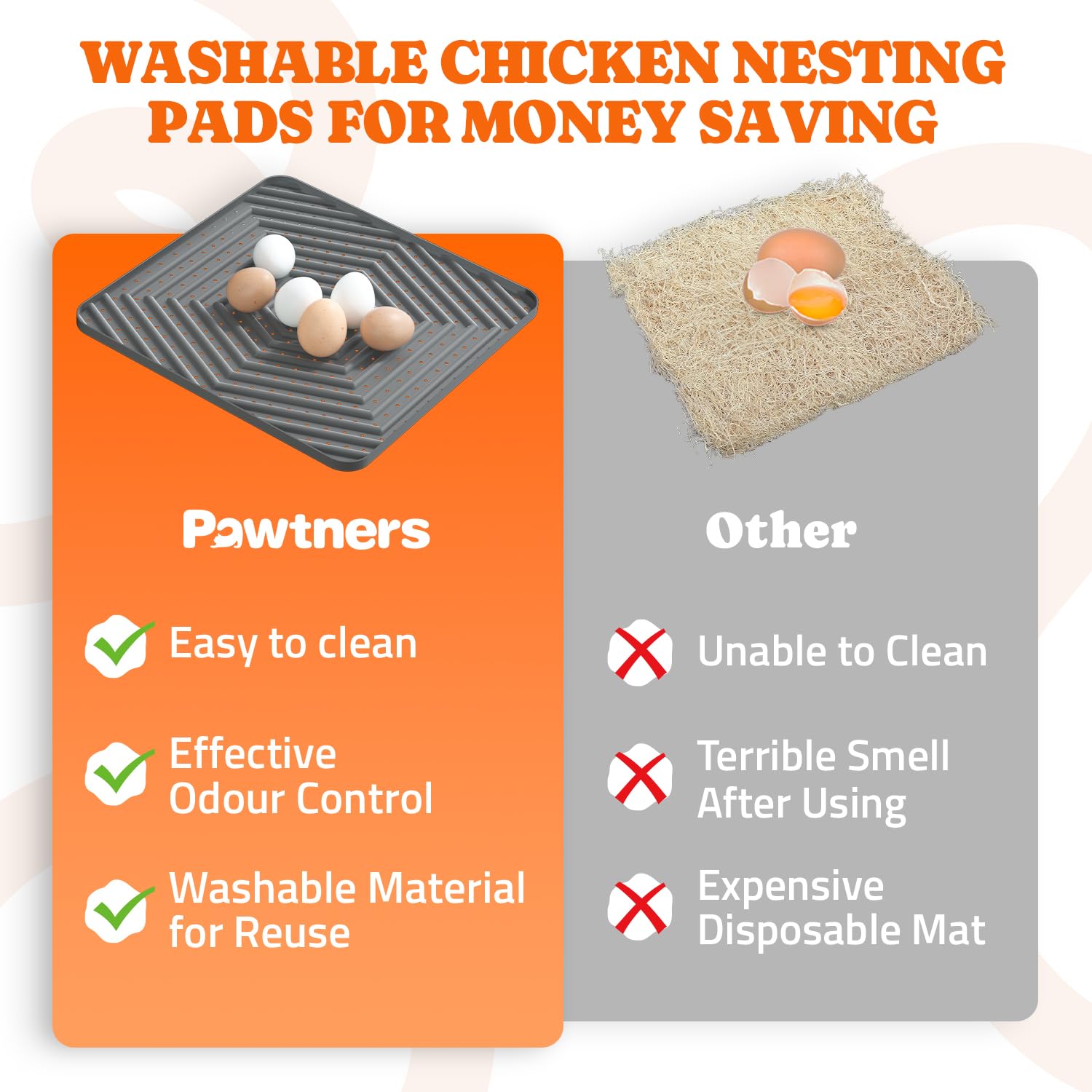 Pawtners washable nest pad set for cost-effective coop bedding and reuse.