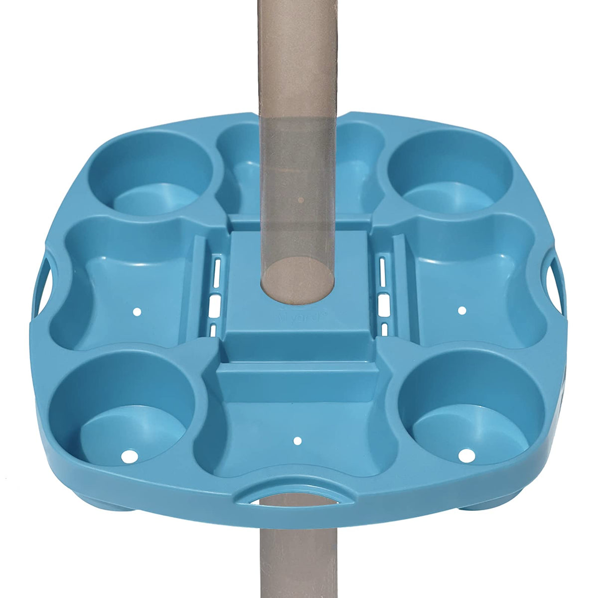 PayandPack Myard umbrella tray mounted on a pole beside the pool for easy outdoor entertaining.
