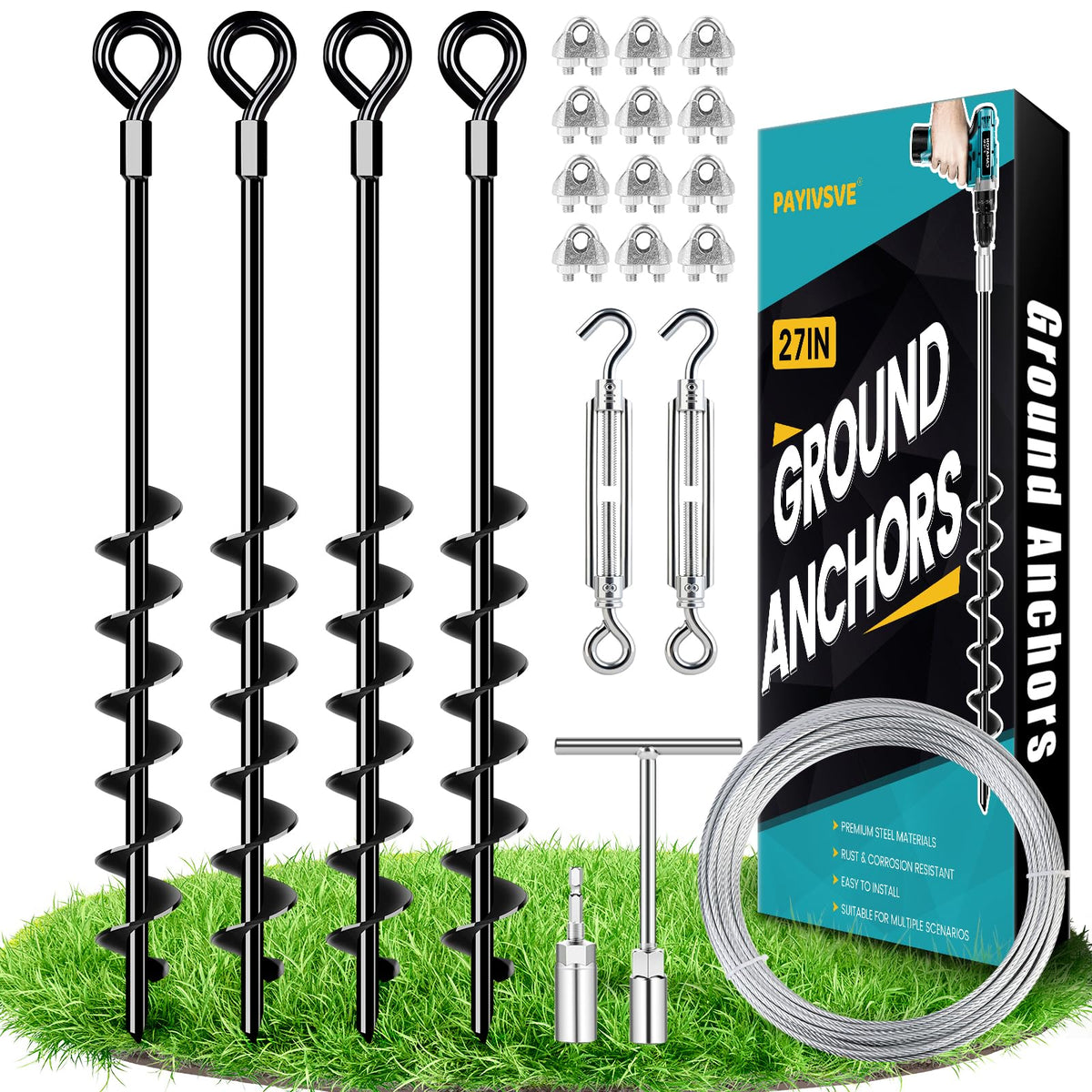 Payivsve 27-inch ground anchor with spiral blade for deep soil grip and stability.