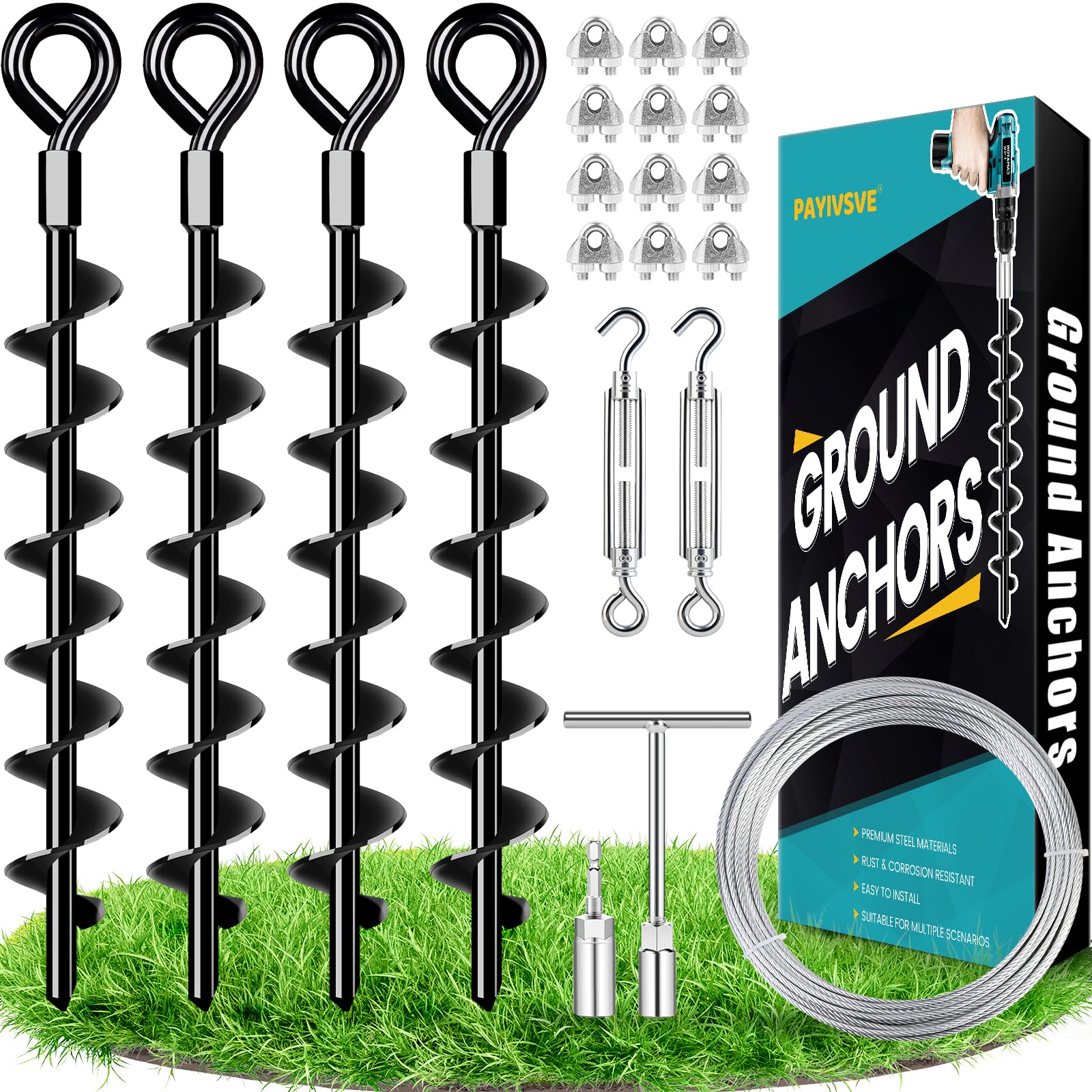 Payivsve ground anchors with spiral blades secure soil grip for wind resistance.