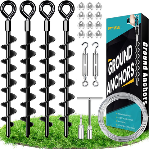 Payivsve ground anchors with spiral blades secure soil grip for wind resistance.