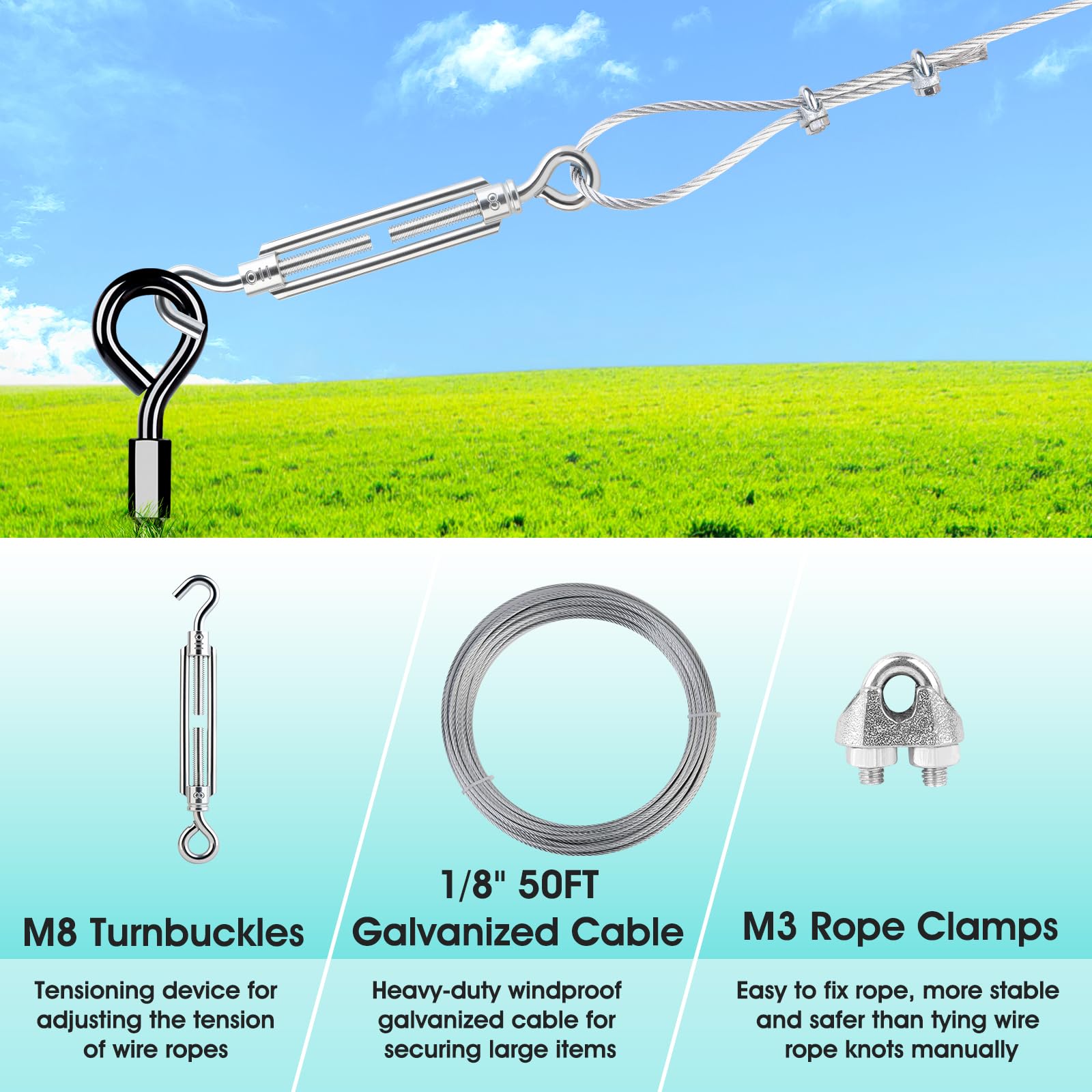 Payivsve turnbuckles enable quick length adjustments and easy disassembly.