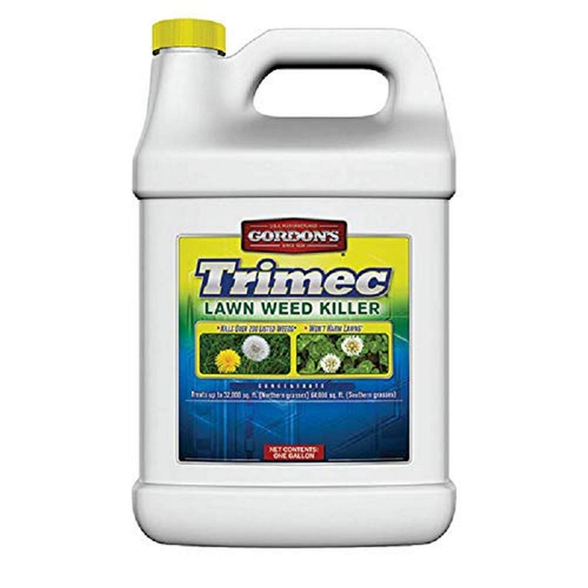 PBI Gordon Trimec bottle applying weed killer for broadleaf control on cool-season grasses.