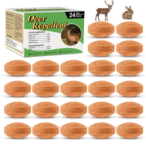 Pblovylu deer-rabbit-repellent ball on a tree protects garden plants without mess.