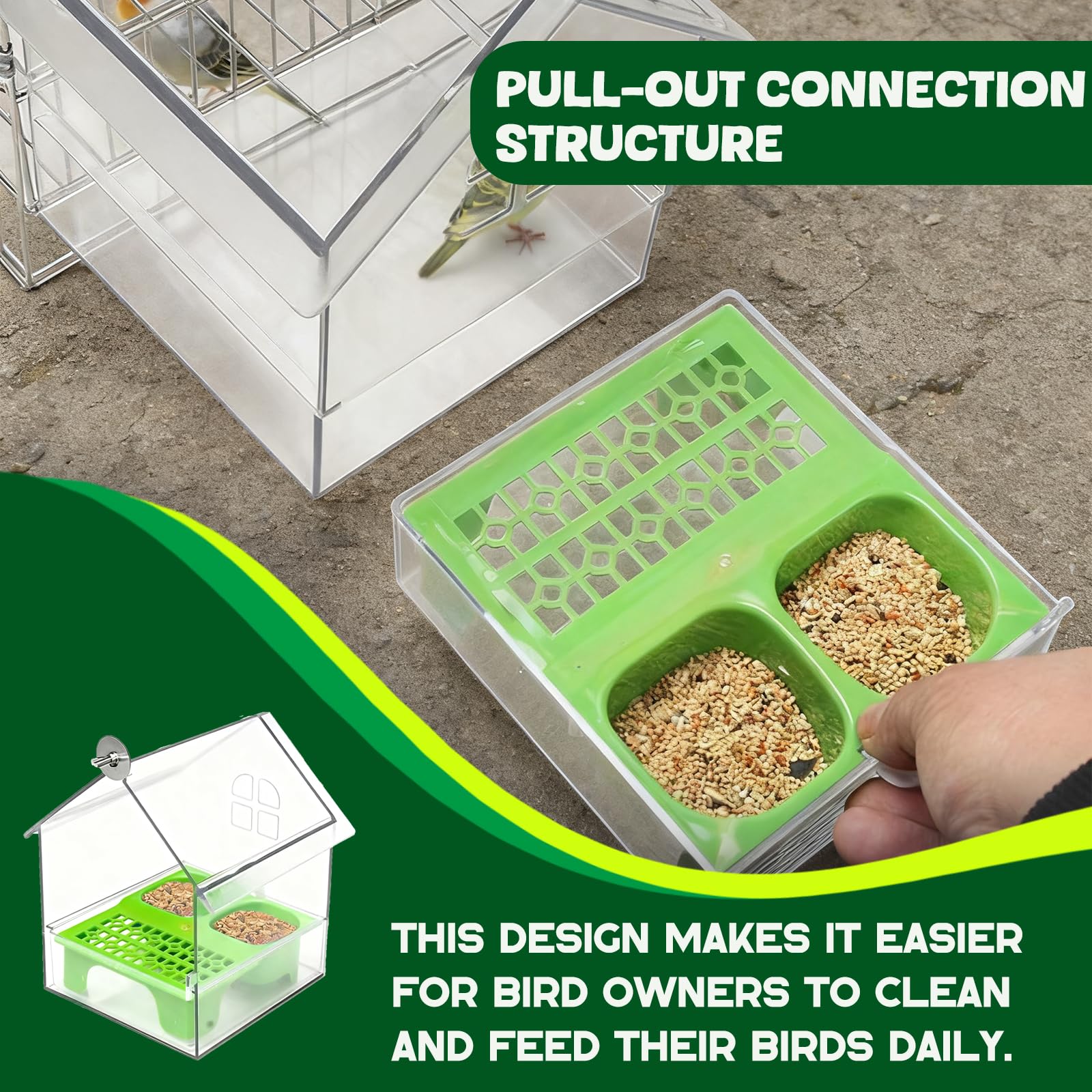 Pcmursal pull-out external feeder in use on balcony demonstrates tidy, convenient bird care.