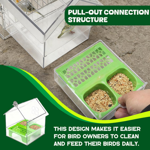 Pcmursal pull-out external feeder in use on balcony demonstrates tidy, convenient bird care.