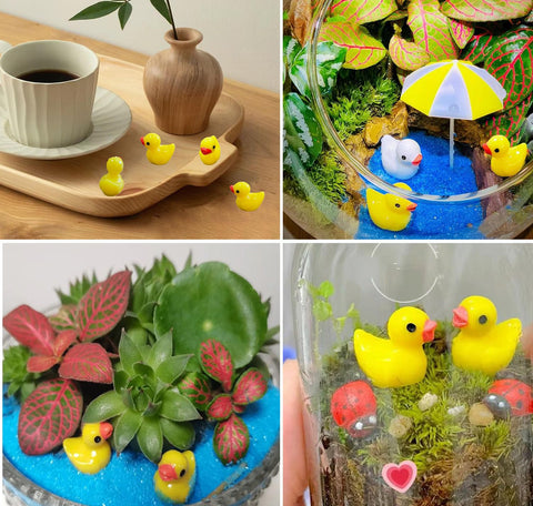 Pcxino resin ducks decorating an indoor table and windowsill