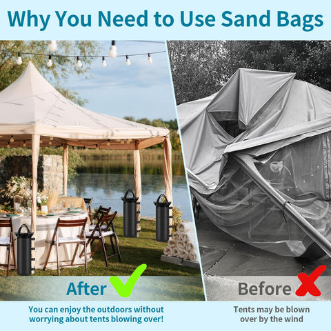 PEASUG bags providing wind-stable support for tents in outdoor settings.