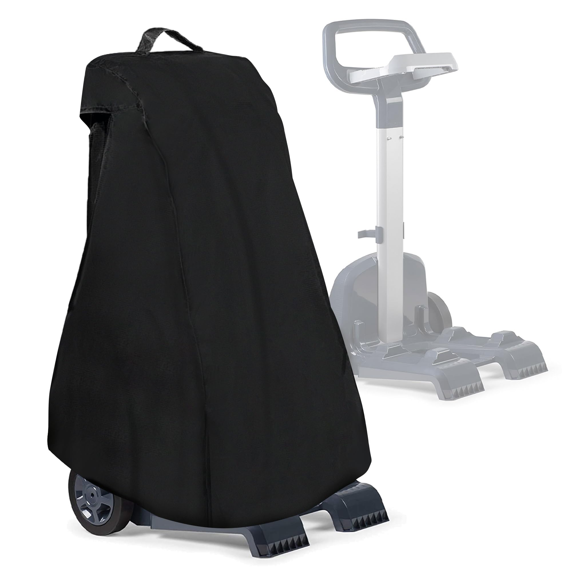 PEATOVIE robotic pool cleaner cover secured on a universal caddy, protecting from sun and debris.