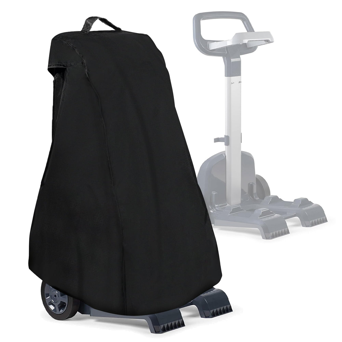 PEATOVIE robotic pool cleaner cover secured on a universal caddy, protecting from sun and debris.