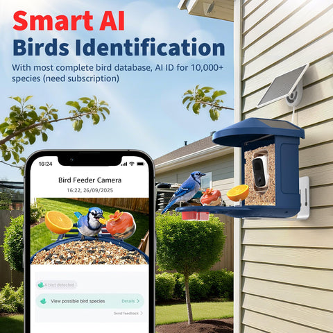 PeckCam Bird Feeder camera side view highlights versatile tree or fence mounting