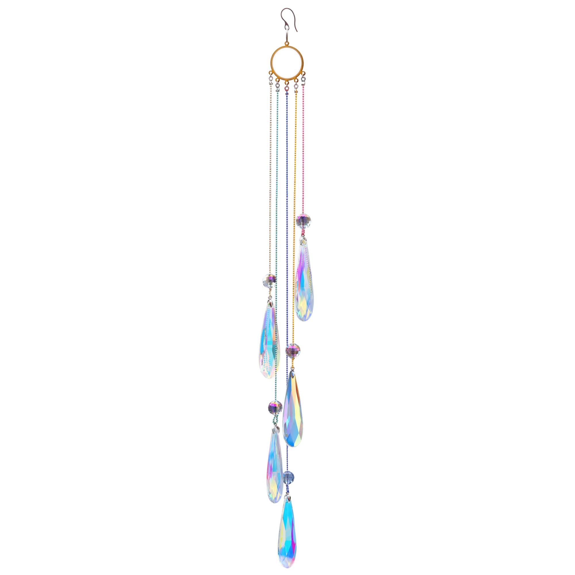 PEDOBO crystal teardrop prism suncatcher creating sparkling rainbows in sunlight.