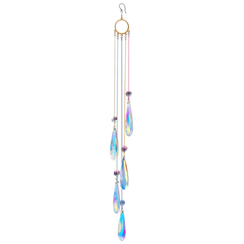 PEDOBO crystal teardrop prism suncatcher creating sparkling rainbows in sunlight.