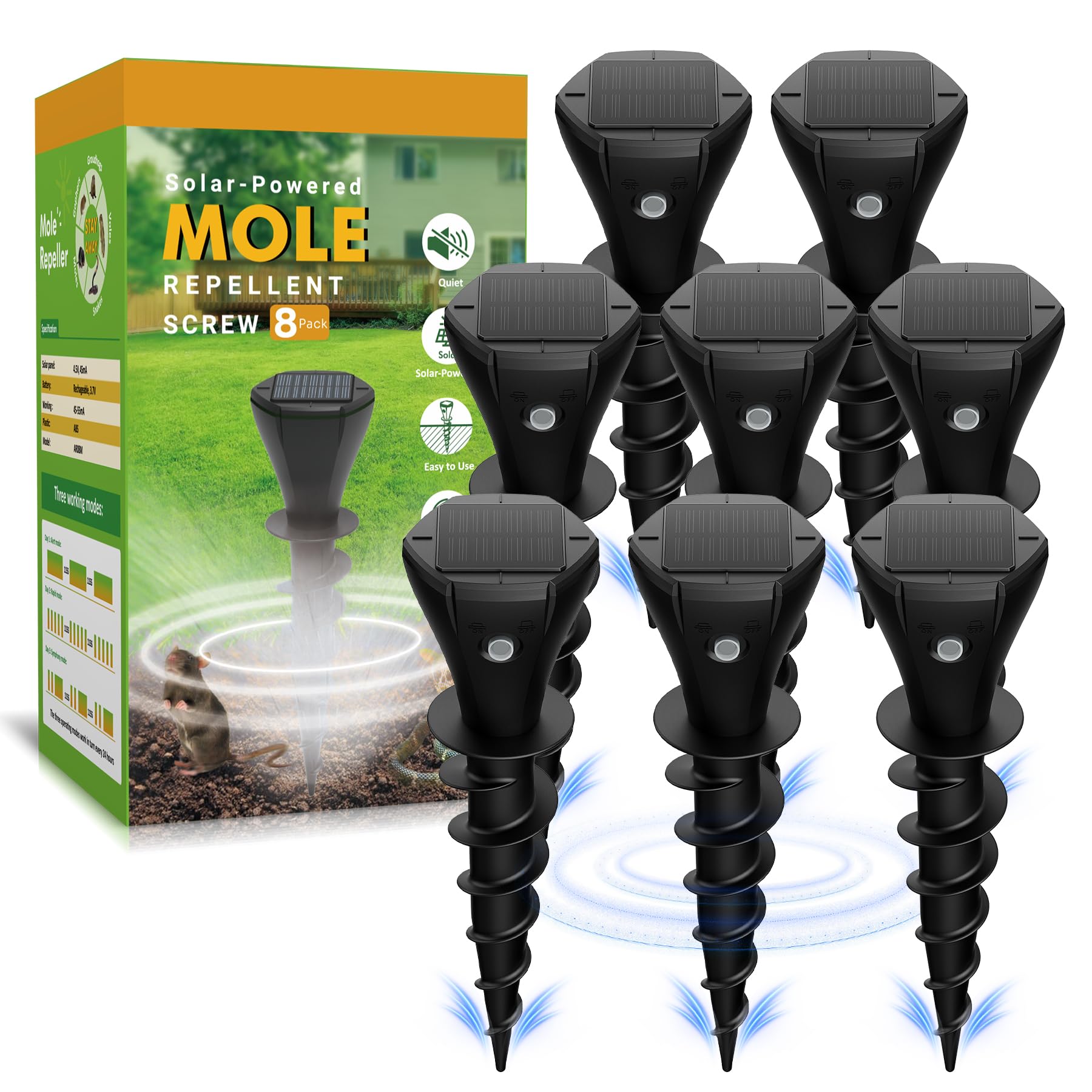 Peepst solar-powered mole repellent pack ready for yard use; eco-friendly protection.