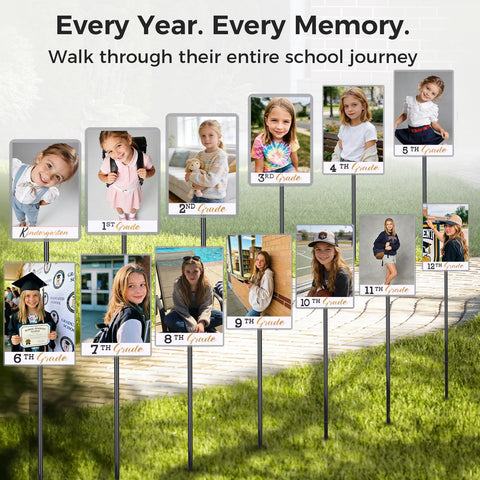 PEJOURI K-12 photo display yard sign kit supports up to 8x10 photos for clear viewing.