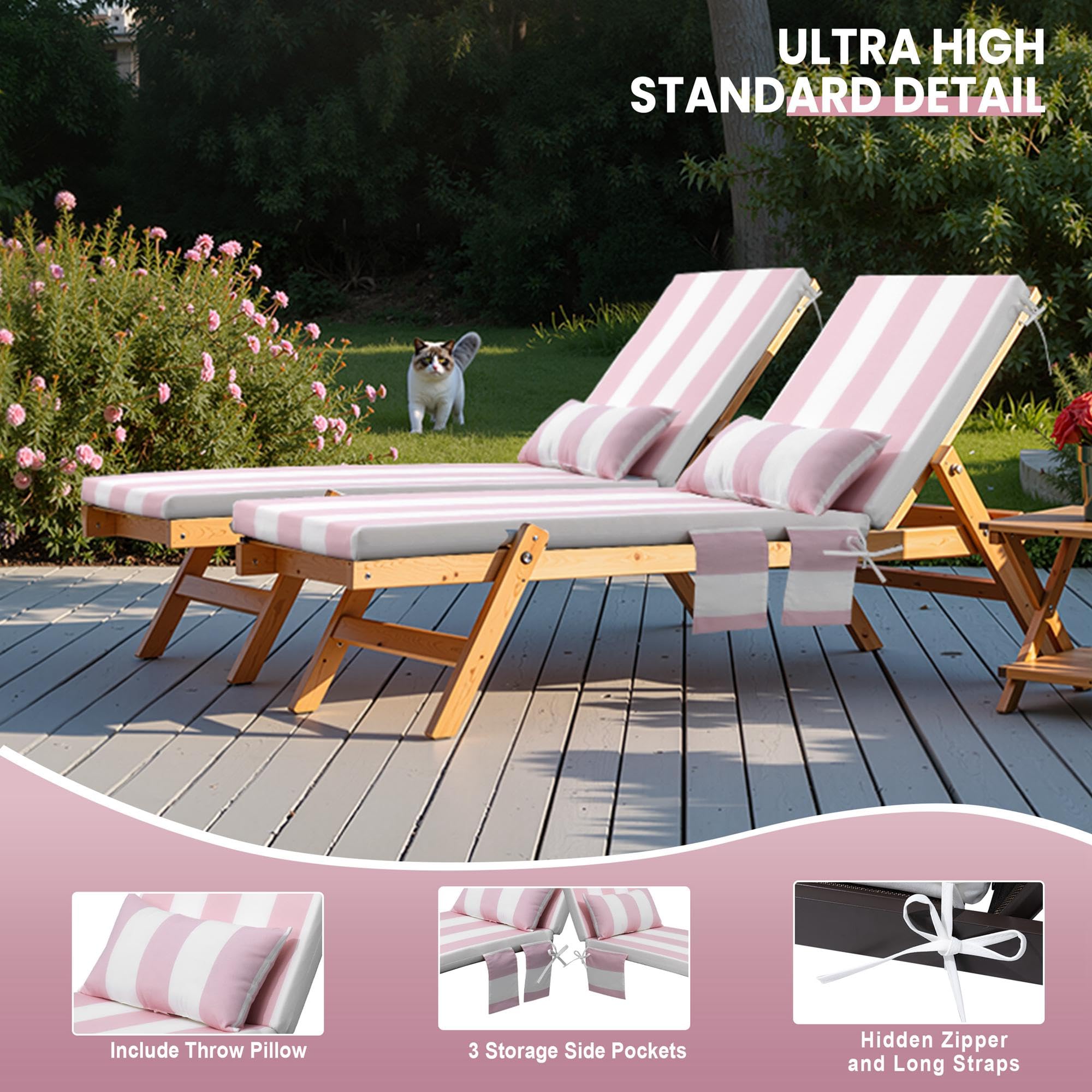 Non-slip straps secure cushion to lounge bed