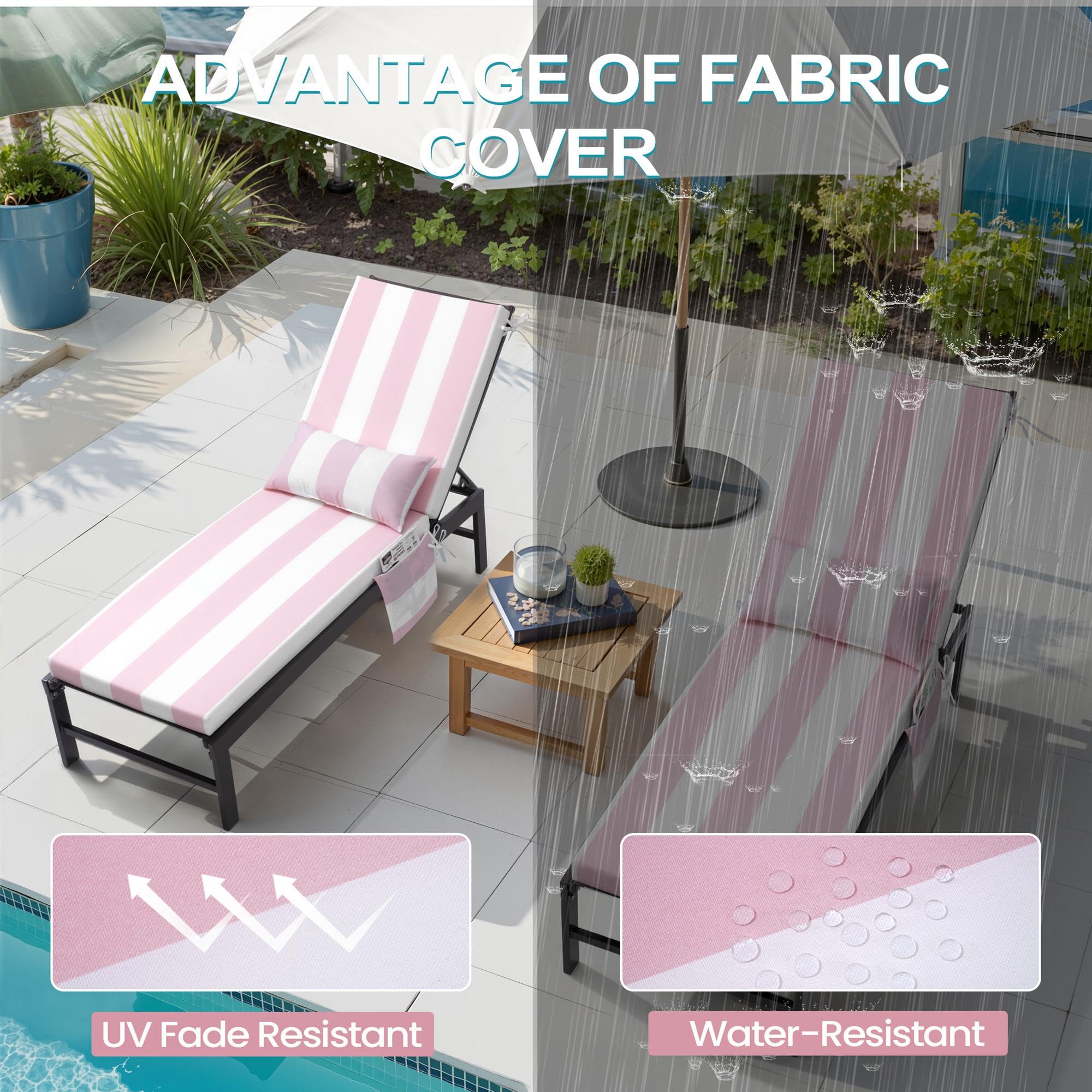 Water-repellent Pellebant fabric protects cushions near pool and outdoors