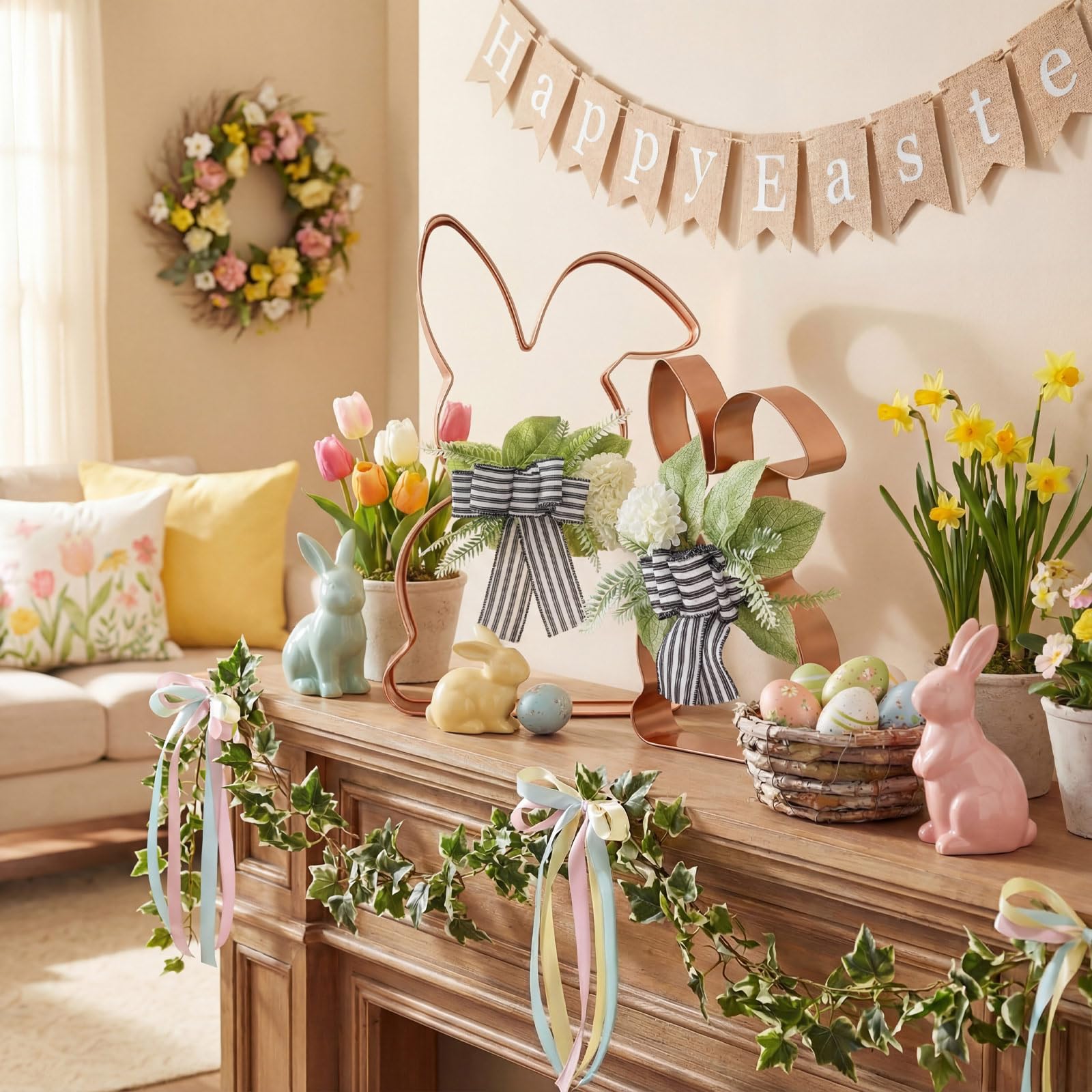 Pelopy two-piece metal bunny set provides durable outdoor decor for yard scenes.