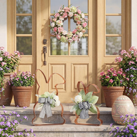 Pelopy gold bunny with floral accents brightens indoor living spaces.