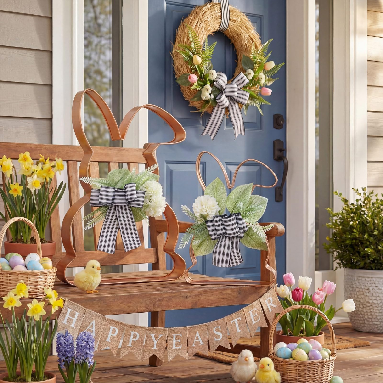 Pelopy porch-friendly bunny statues withstand weather for seasonal charm.