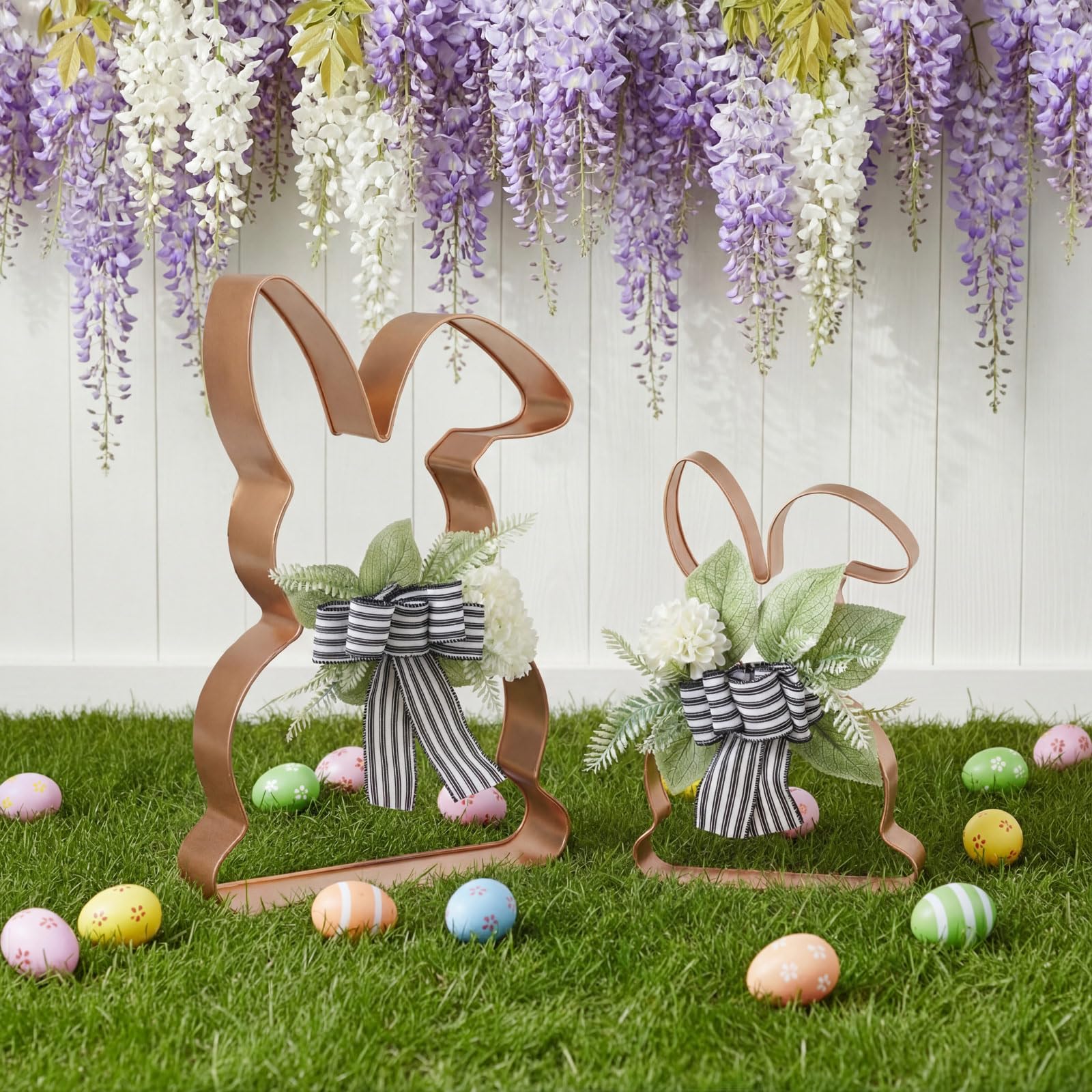 Pelopy metal bunny decor offers effortless setup for quick holiday styling.