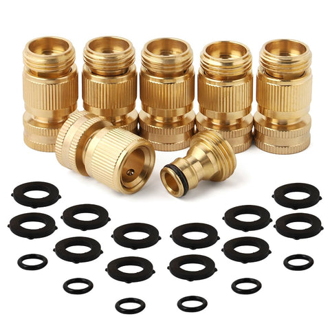 PELTEFLU brass quick connect assembly showing secure fit for 3/4 inch hoses.