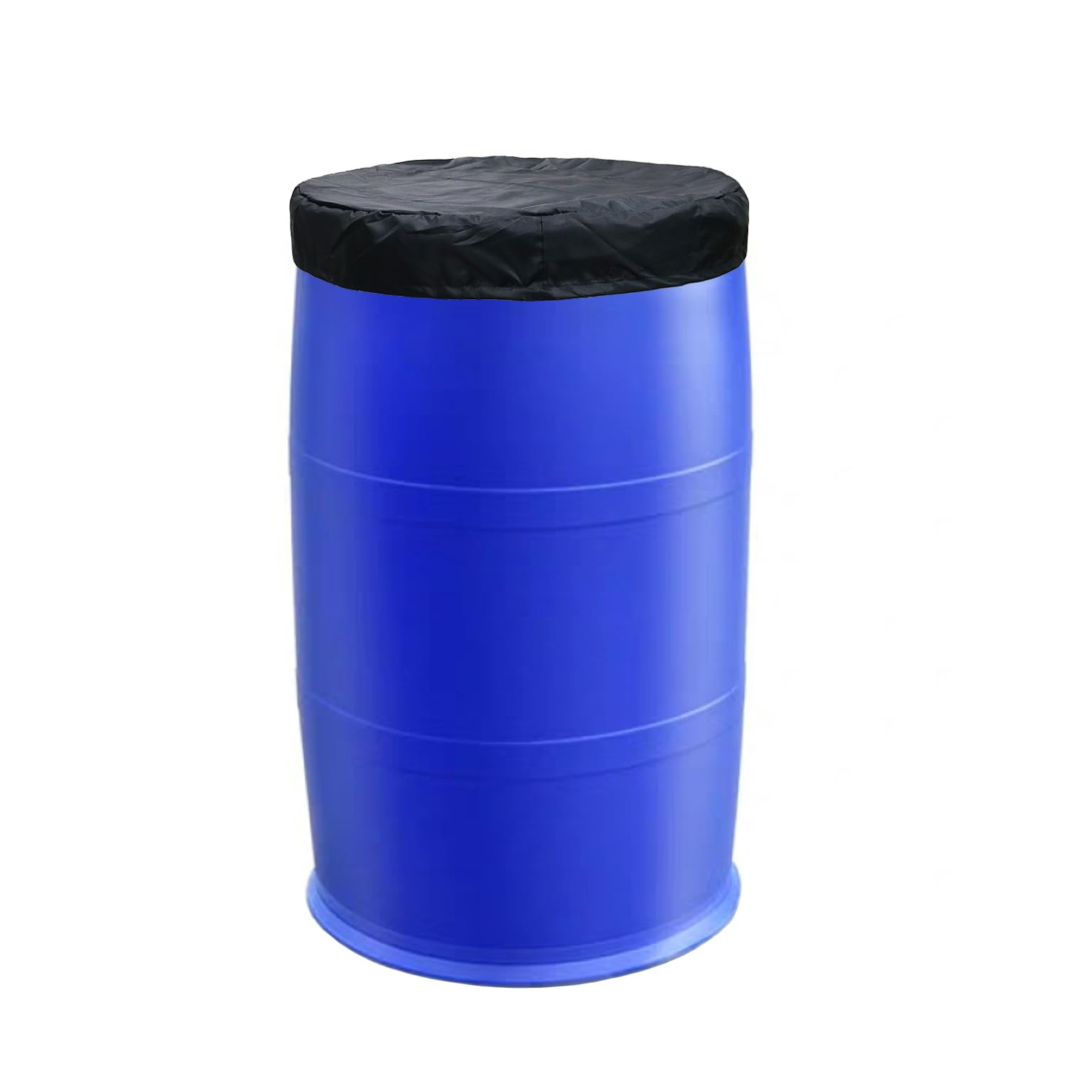 Pemaly 55-gallon drum cover with tight lid on drum for weather protection.