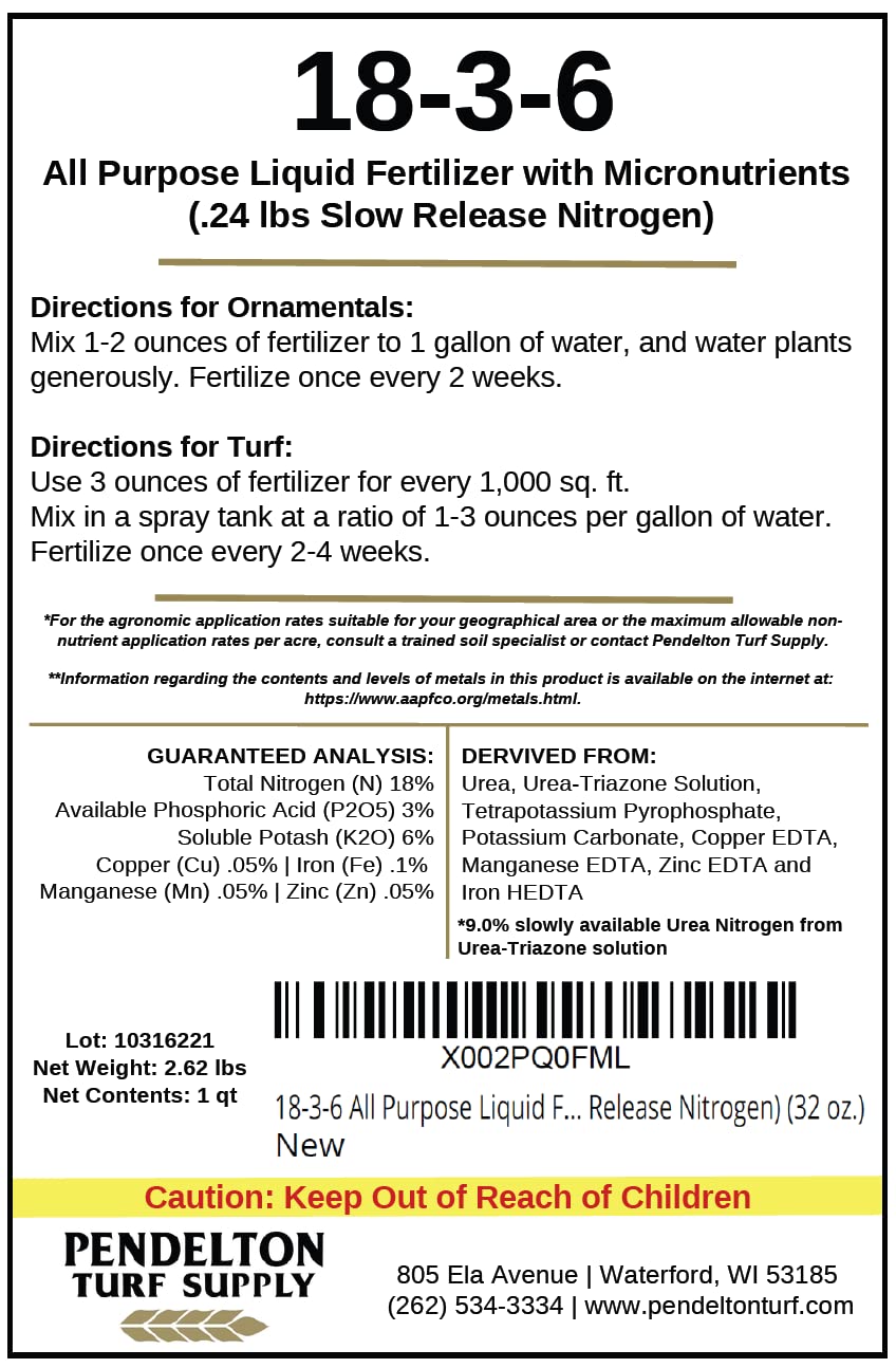Pendelton Turf Supply 18-3-6 bottle back label shows guaranteed analysis and usage info.