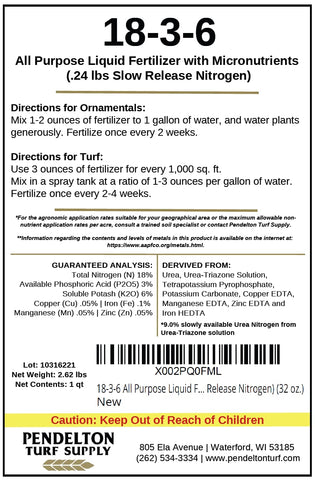 Pendelton Turf Supply 18-3-6 bottle back label shows guaranteed analysis and usage info.