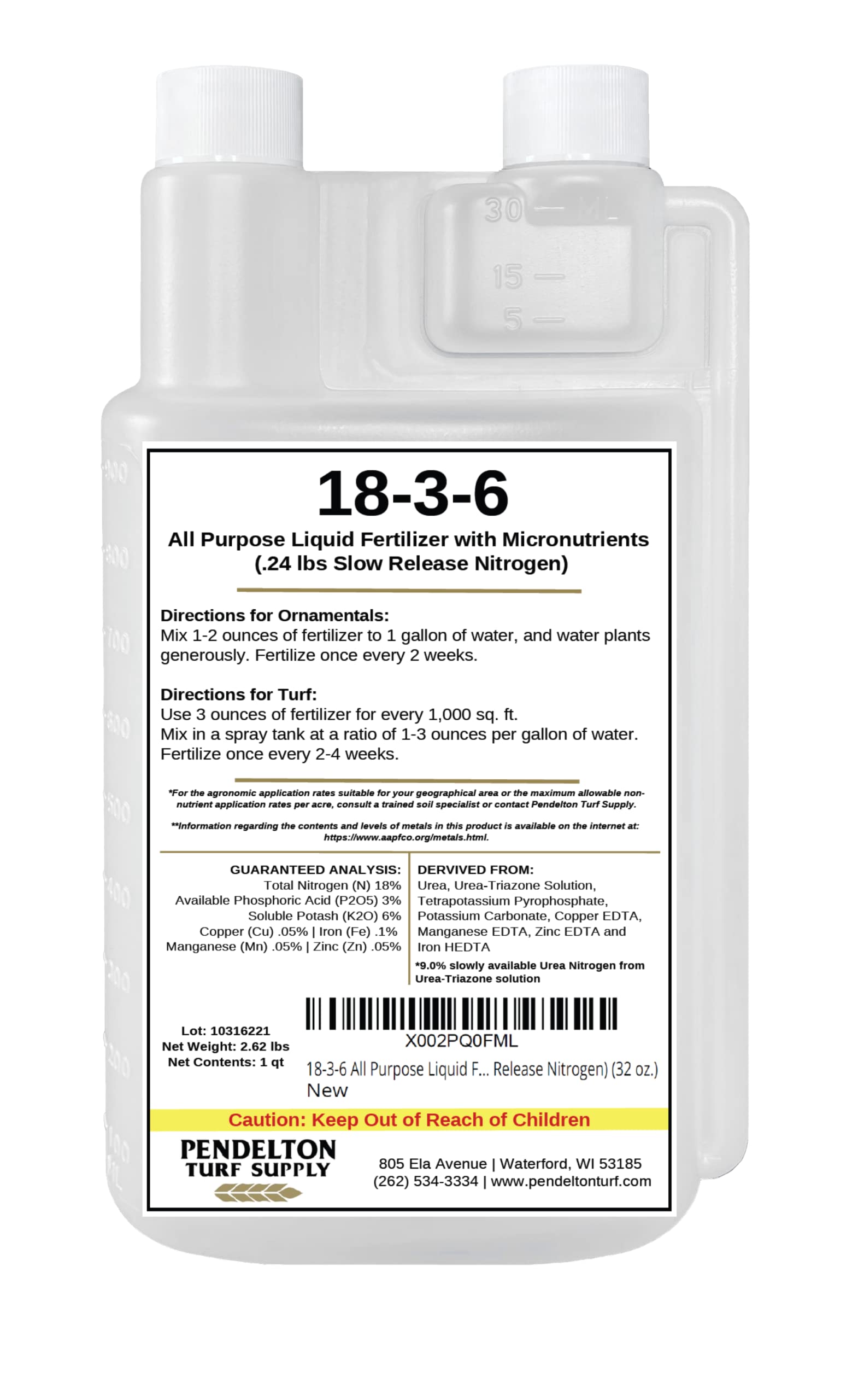 Pendelton Turf Supply 18-3-6 bottle front shows steady nutrients and easy application.