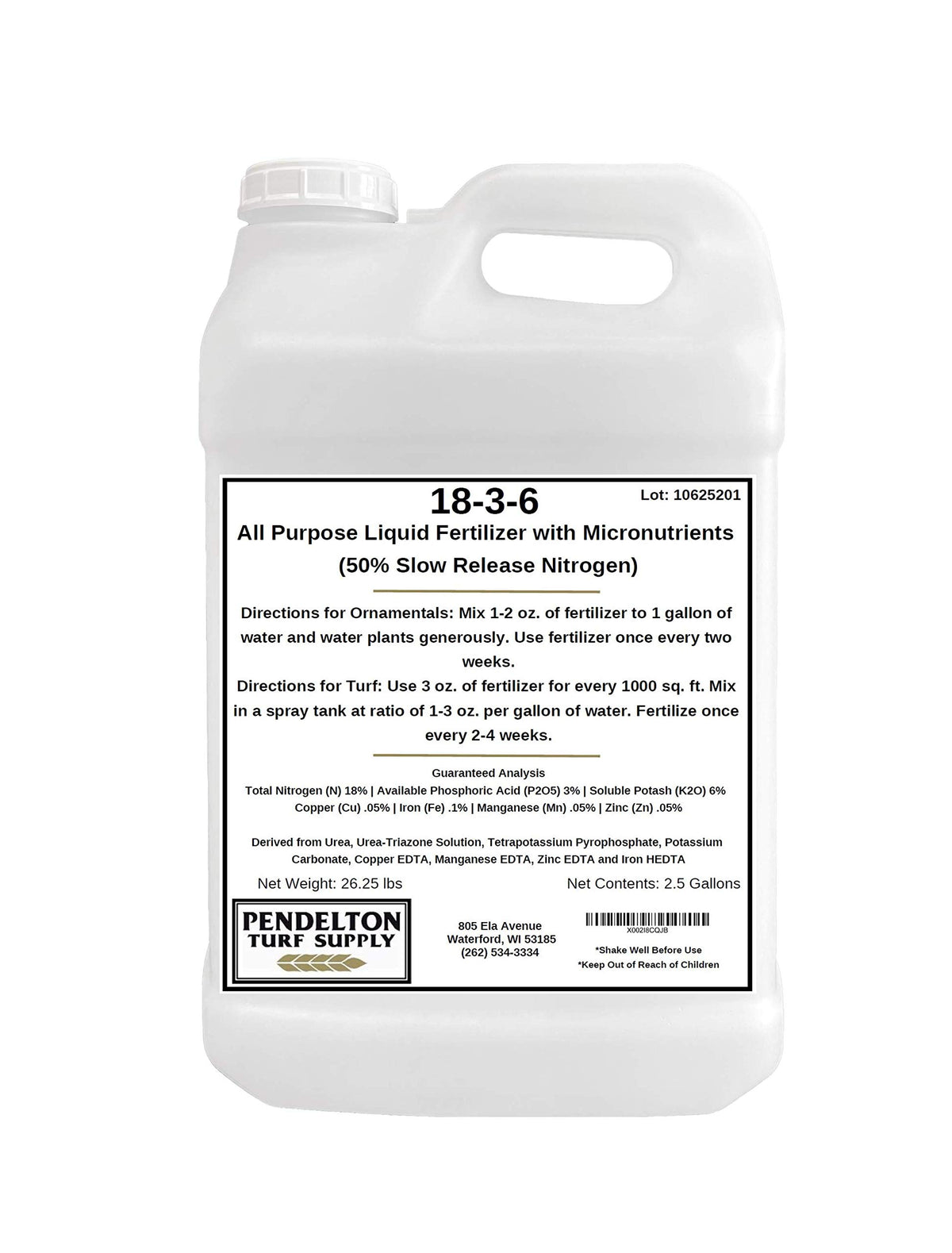 Pendelton Turf 18-3-6 bottle highlights slow-release nutrients for steady growth.
