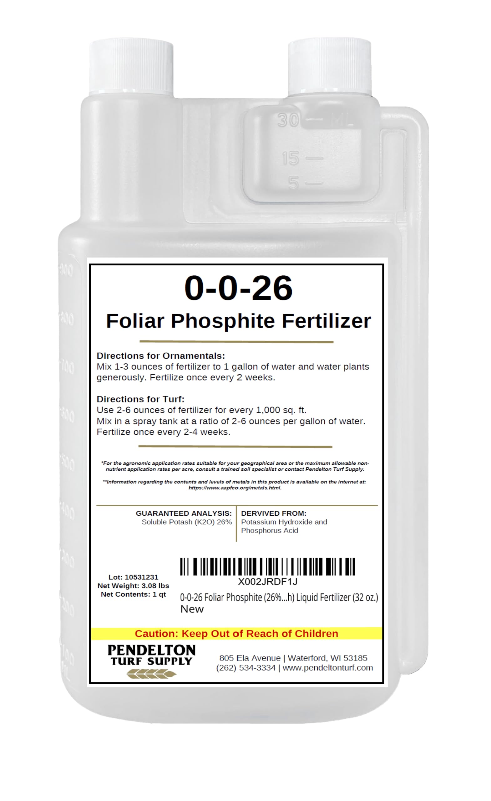 Pendelton 0-0-26 foliar phosphite bottle with easy pour for precise dosing.
