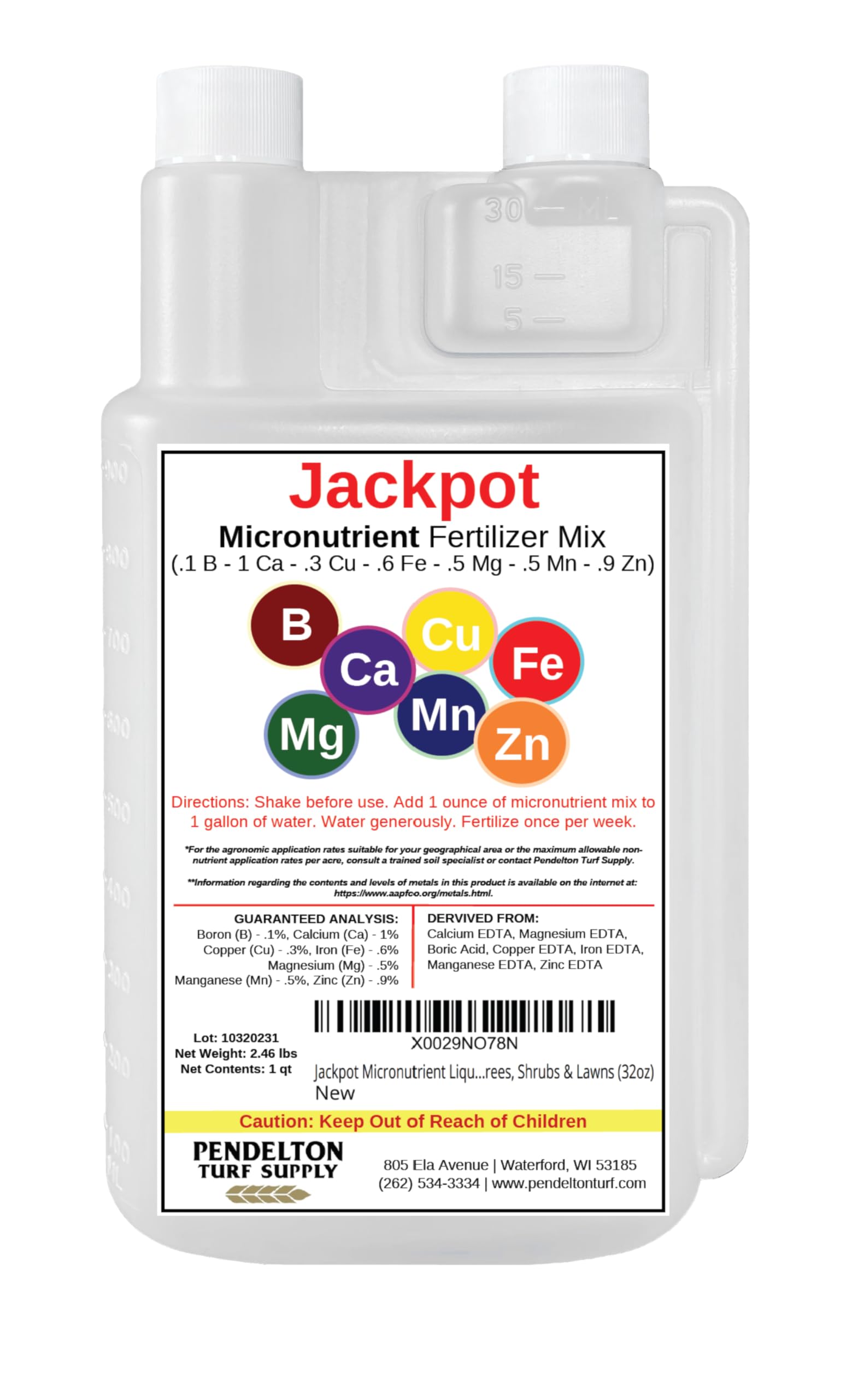 Pendelton Turf Supply Jackpot Micronutrient Mix bottle label boosts soil health.