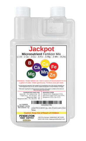 Pendelton Turf Supply Jackpot Micronutrient Mix bottle label boosts soil health.