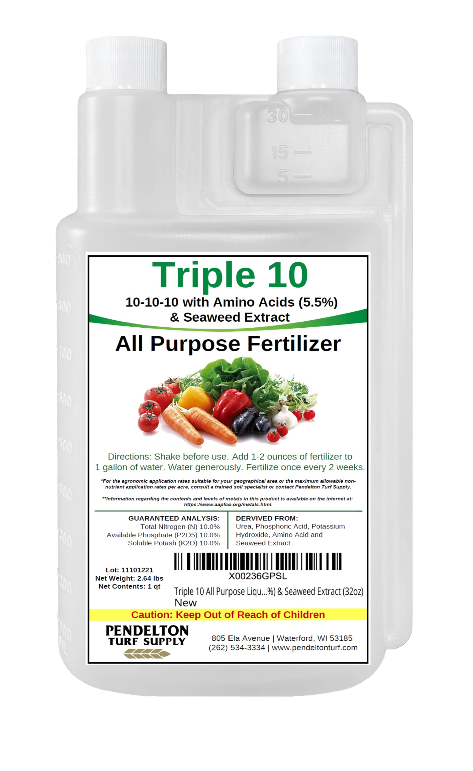 Pendelton Turf Supply Triple-10 bottle label highlights an all-purpose fertilizer for every growth stage.