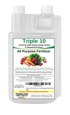 Pendelton Turf Supply Triple-10 bottle label highlights an all-purpose fertilizer for every growth stage.